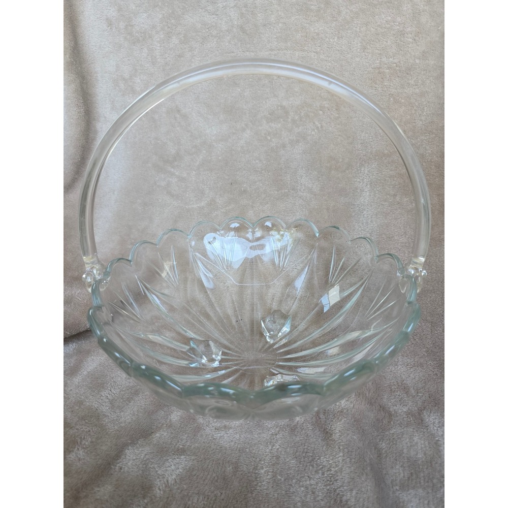 Vintage Glass Scalloped Clear Pressed Glass Basket with Handle 3 Feet